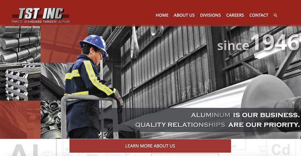 TST Inc Website with worker and different types of metal